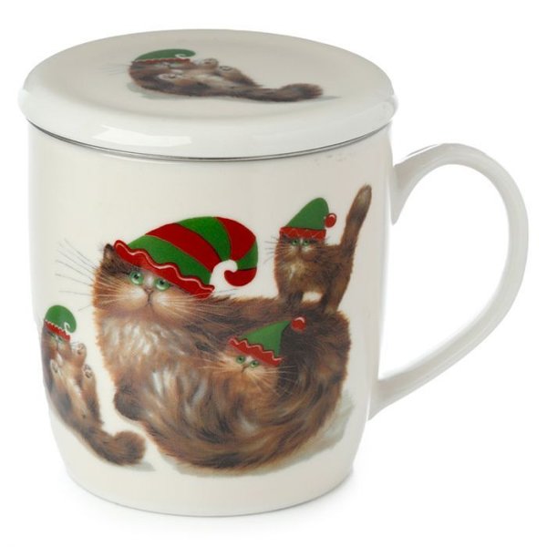Kim Haskins Weihnachten Elfenkatzen Tasse aus Porzellan mit Teeei und Deckel