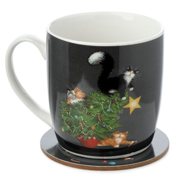 Weihnachten Kim Haskins Weihnachtsbaum Katze Tasse & Untersetzer Set aus Porzellan