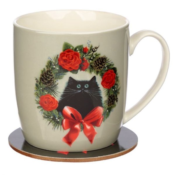 Weihnachten Kim Haskins Kranz Katze Tasse & Untersetzer Set aus Porzellan